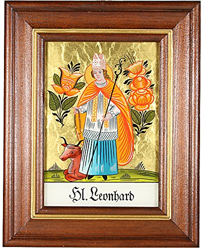 Hinterglaswerkstätten - Hinterglasbild/Patronatsbild Hl. Leonhard mit braun gebeizten Holzrahmen, handbemalt mit Legende des Heiligen auf der Bildrückseite, ca. B: 12,5 x H: 16 cm