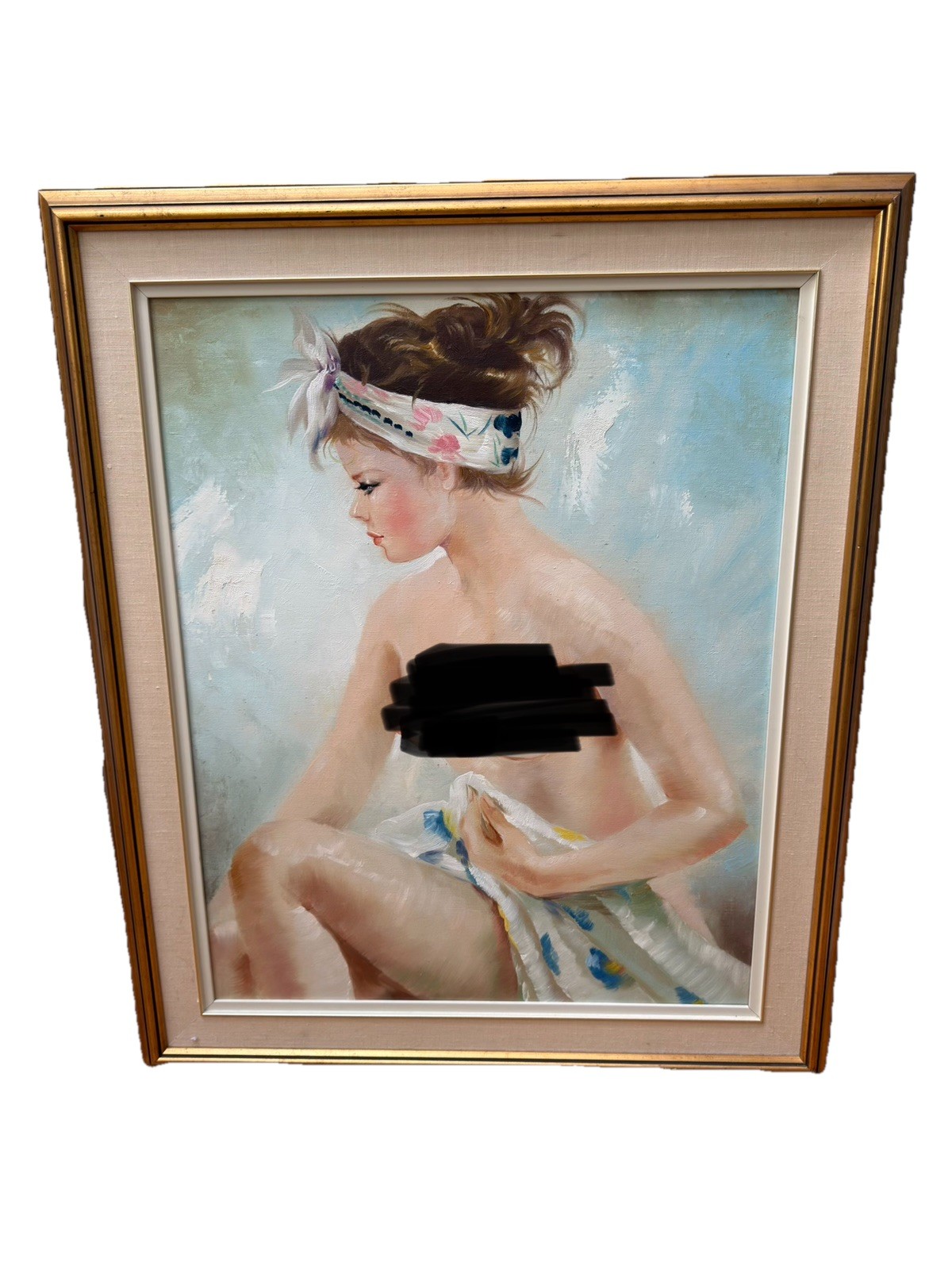 Original Mid-Century Style Oil Painting of Seated Woman Nude Portrait
