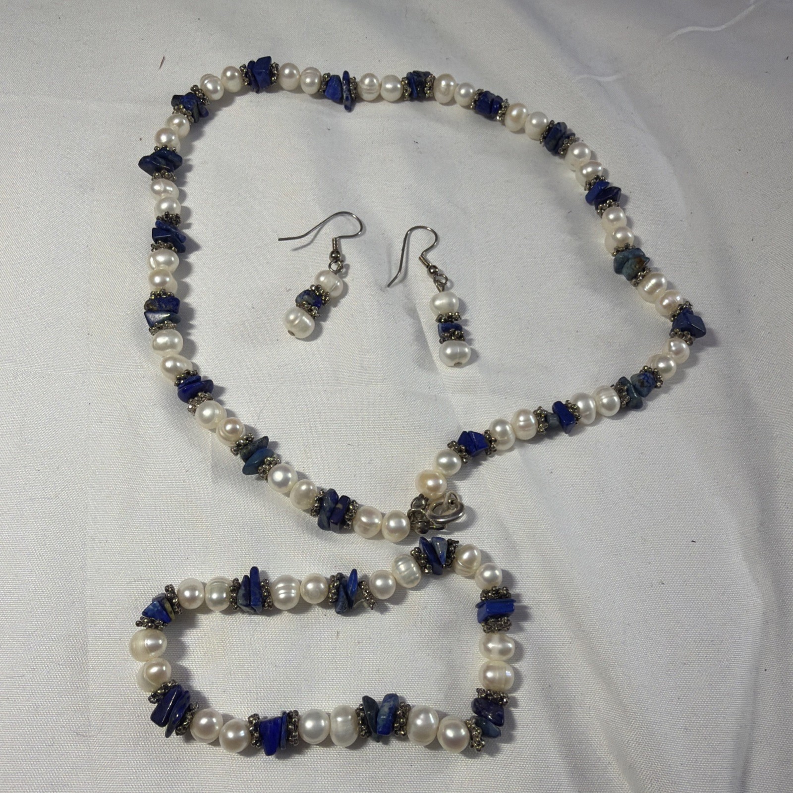 Vintage Beaded Necklace Bracelet Earrings Set Faux Pearl Blue Stone Jewelry