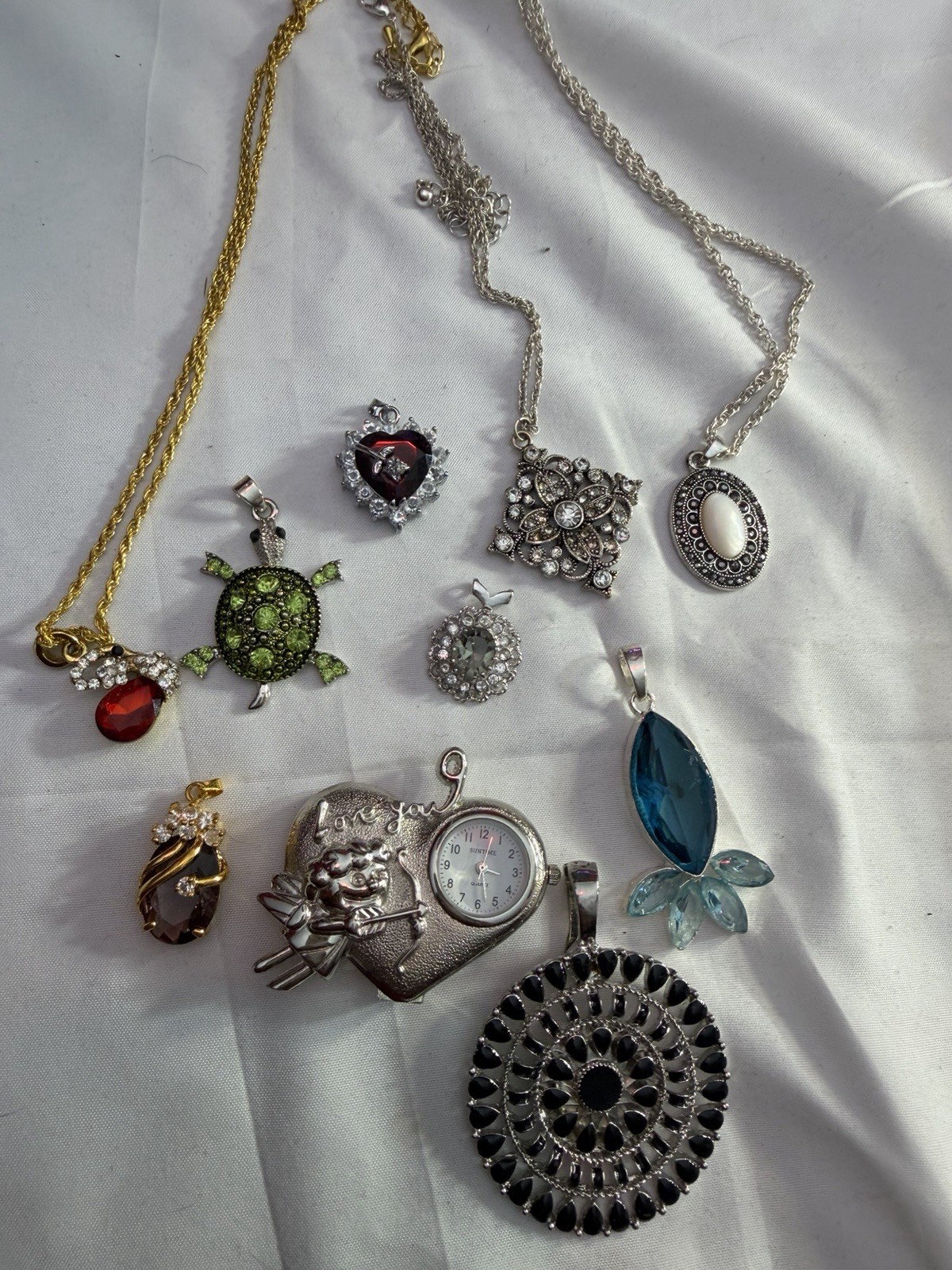 Lot of 10 Fashion Pendants Rhinestone Glass Turtle Heart Watch As-Is Wearable
