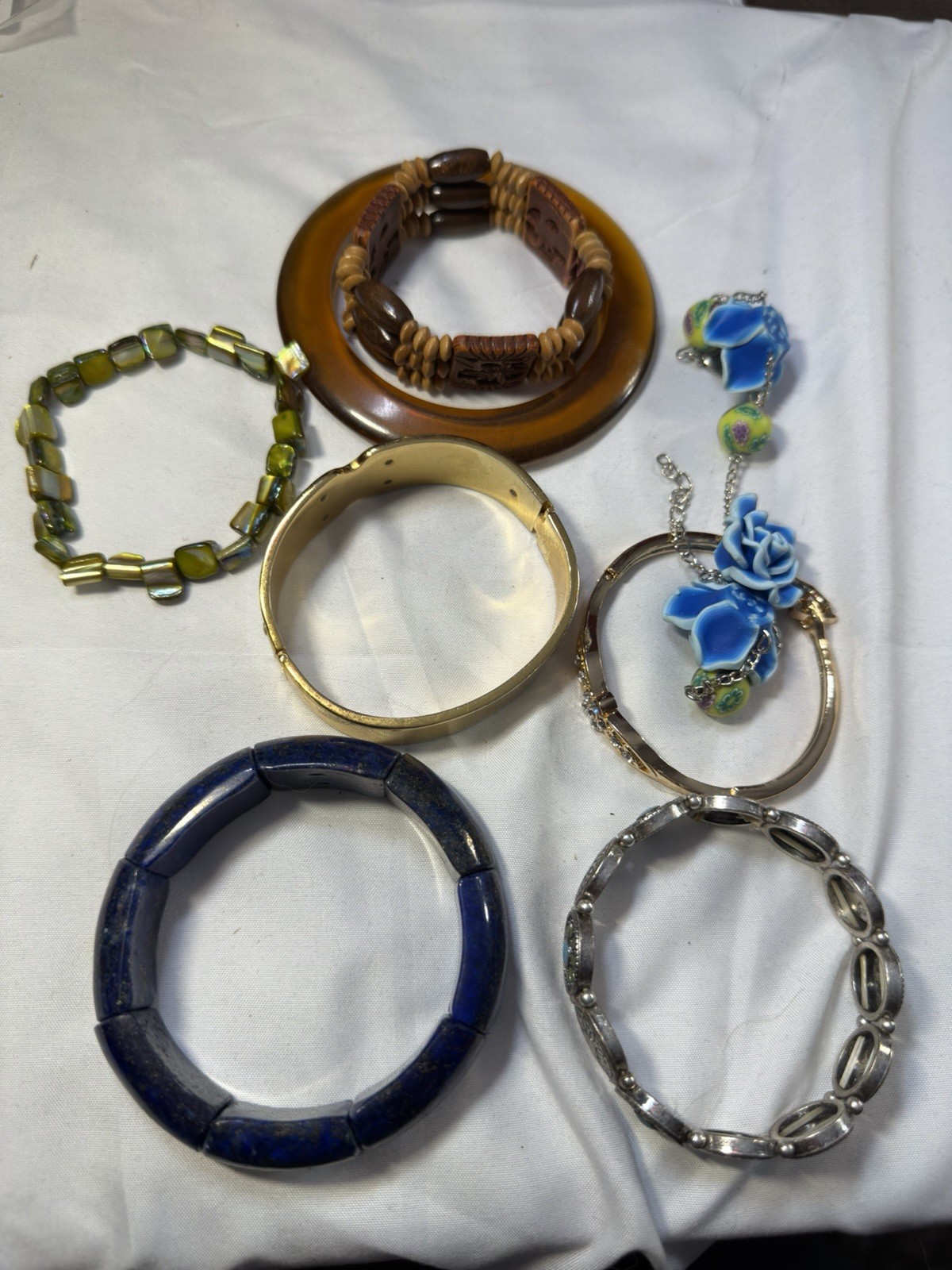 Lot of 8 Vintage Style Bracelets Beaded Bangle Blue Green Wood Metal