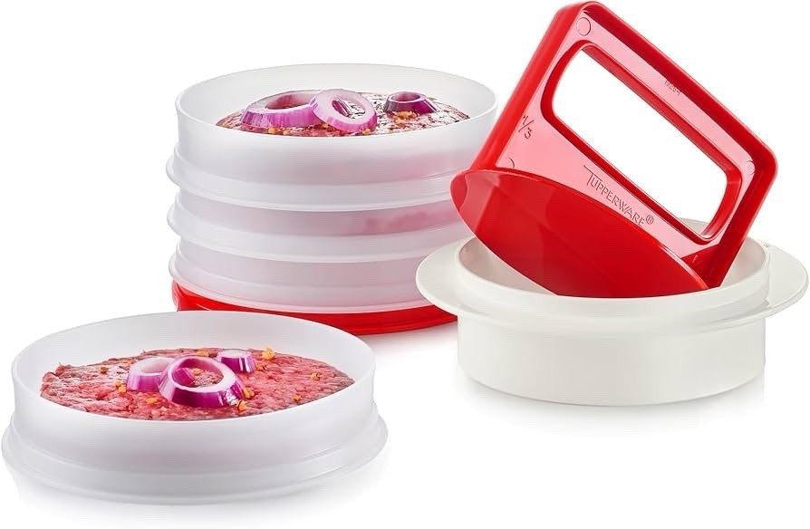 New Tupperware Hamburger Press Keeper Set Red White Patty Maker